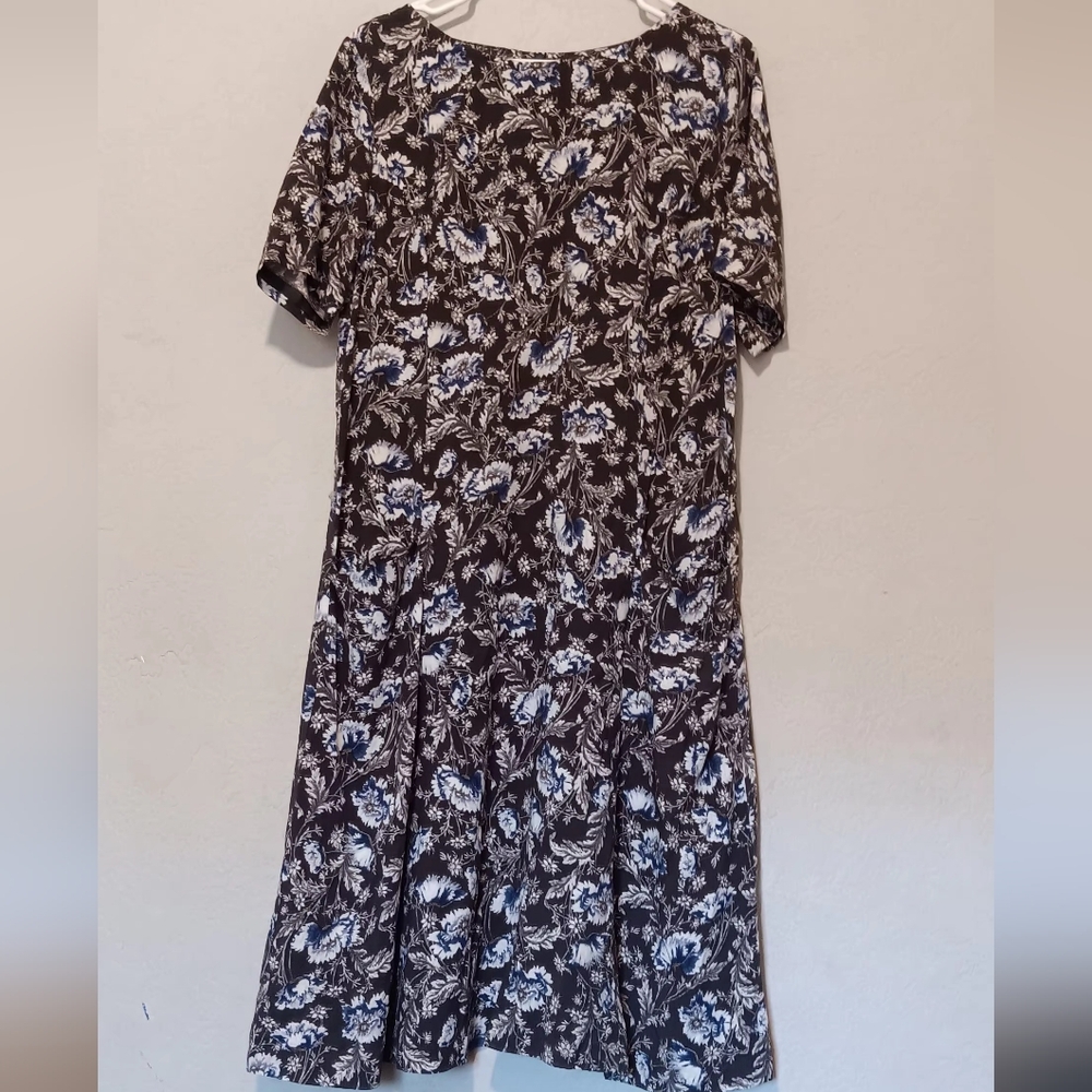 J. Jill Midi Floral Dress Women Short Sleeve Zip Back Sz14 Charcoal/Blue